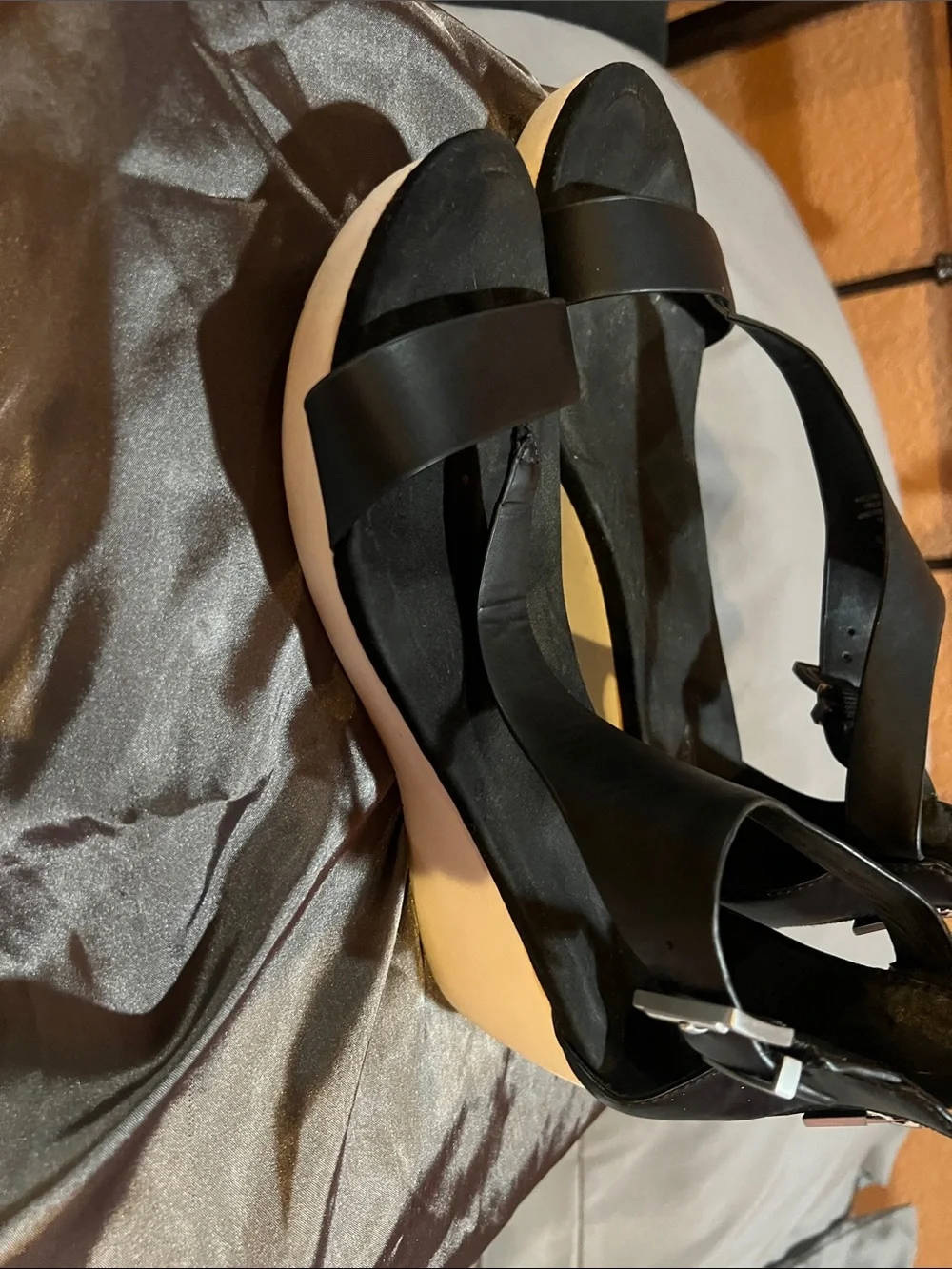 Kenneth Cole Reaction Black Wedge Sandals with Cream Platform